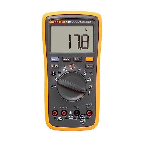Fluke 17B+ Digital Multimeter, for Electrical Applications, Measures AC/DC Voltage 1000V, Current Measurements to 10A, Resistance, Continuity, Diode, Capacitance, Frequency, and Temperature Testing