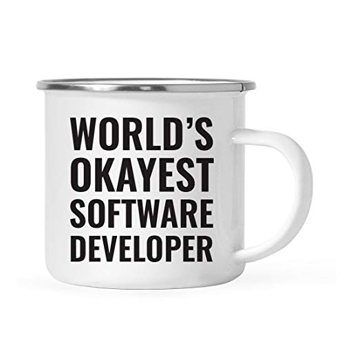 Andaz Press 11oz. Stainless Steel Campfire Coffee Mug Gag Gift, World's Okayest Software Developer, 1-Pack, Enamel Metal Camping Camp Cup Christmas Birthday Present Ideas, Includes Gift Box
