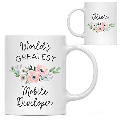 Andaz Press Personalized 11oz. Coffee Mug, World's Greatest Mobile Developer Mug, Pink Anemone Flower, 1-Pack