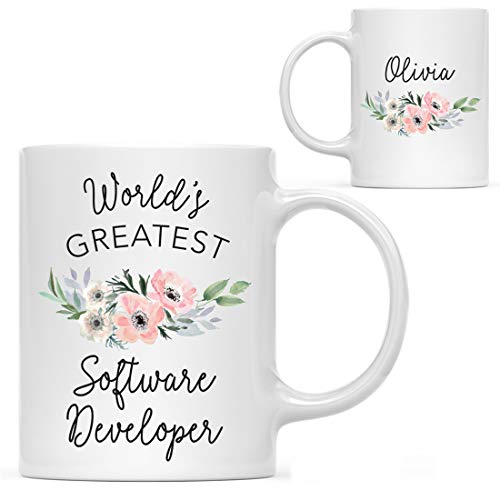 Andaz Press Personalized 11oz. Coffee Mug, World's Greatest Software Developer Mug, Pink Anemone Flower, 1-Pack, Custom Drinking Cup Birthday Christmas Ideas for Her