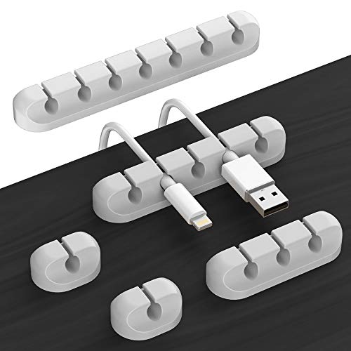 Desk Accessories for Charging Organizer - 5 Packs Grey Computer Desk Accessories and Adhesive Cord Organizer for Cable Holder Cleans Up Messy Wires at Home, Car and Office (7-5-3-1-1 Slots)