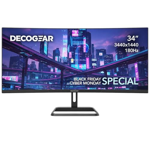 Deco Gear 34” Ultrawide Curved Monitor | 3440x1440 VA Display | 180Hz, 1ms MPRT, Adaptive Sync | 1500R, HDR Ready, 100% sRGB | Dual HDMI/DP, 21:9 Aspect Ratio, VESA Mount, Low Blue Light