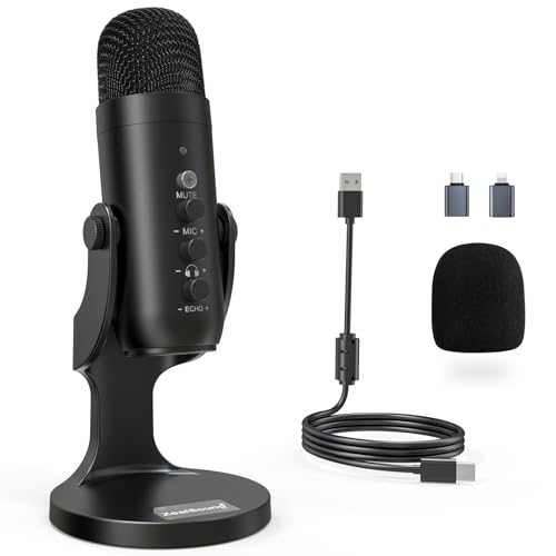 ZealSound Podcast Microphone for PC, Noise Cancellation USB Mic with Gain, Volume Adjustment & Mute Button, Monitoring & Echo, for YouTube, TikTok, Podcasting, Streaming, iPhone, iPad, Android, Mac