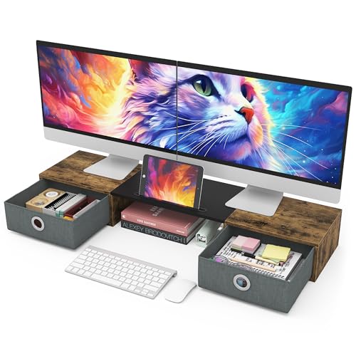 WESTREE Dual Monitor Stand Riser with Two Drawers, Extra Large Storage for 2 Monitors, Desktop Oraganizer Computer,Laptop,Screen,Printer,TV