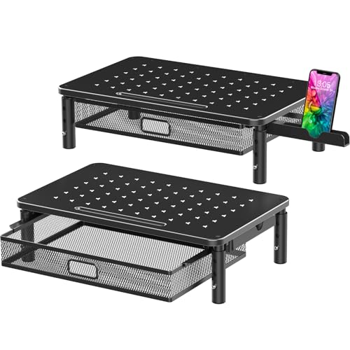 Zimilar 2 Pack Monitor Stand Riser with Metal Drawer, 3 Height Adjustable Monitor Riser with Phone Holder for Printer, Laptop, Premium Metal Computer Monitor Stand with Storage for 2 Monitors