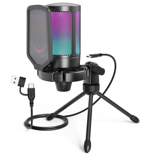 FIFINE AmpliGame A6V USB Gaming Microphone, Condenser RGB Mic for Streaming