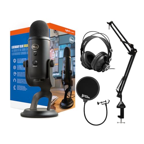 Blue Microphones Yeti Blackout USB Microphone Bundle with Desktop Boom Arm Microphone Stand, Closed-Back Studio Monitor Headphones and Pop Filter (4 Items)