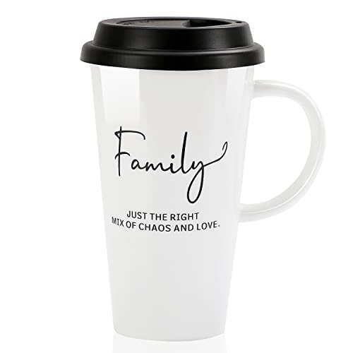 Buyajuju Travel Mug with Handle and Silicone Lid in Gift Box, Porcelain, Cup Holder Friendly, 16oz Tall Coffee Travel Mug Tumbler for Tea, Latte and Hot Chocolate On the Go, Labelled “ Family”