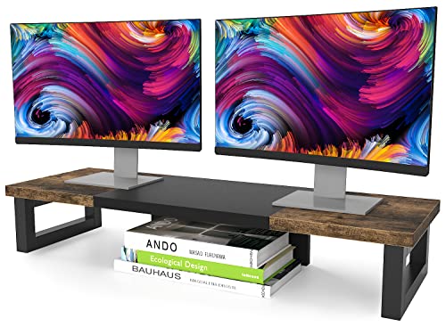 WESTREE Dual Monitor Stand Riser, Wood and Steel Multi-Purpose Desktop Storage Stand for 2 Monitors for Computer, Laptop, Printer, TV, Rustic Brown
