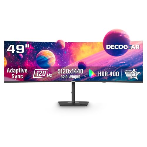 Deco Gear 49 Inch Curved Monitor, 5K2K Ultrawide WDQHD Screen 5120×1440, R1500, HDR400, 120Hz, 32:9 VA Panel, USB-C 65W PD, Adaptive Sync, PBP/PIP, KVM Switch, Built-in Speakers & Ergonomic Stand