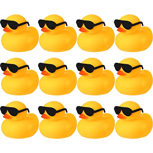 Chivao 12 Pcs Rubber Ducks with 12 Sunglasses/ Hats/ Headwear Small Mini Carnival Cruise Birthday Rubber Duckies Bathtub Toys in Bulk(Duck with Sunglasses,Yellow)