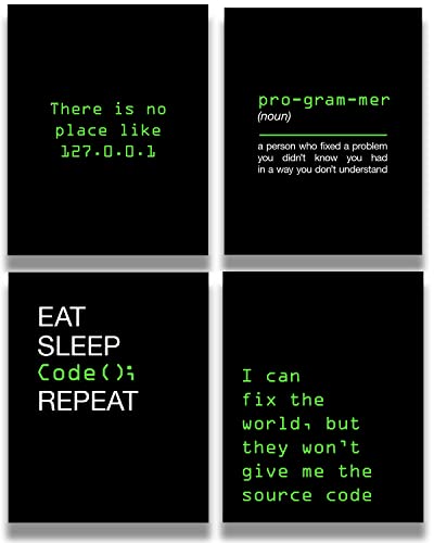 Govivo Office Decor - Computer Science Art - Set of 4 Geek Wall Art - Fun Gift For ICT Teacher, Student, Coding Nerd, Computer Programmer, Dad - 11x14 unframed print