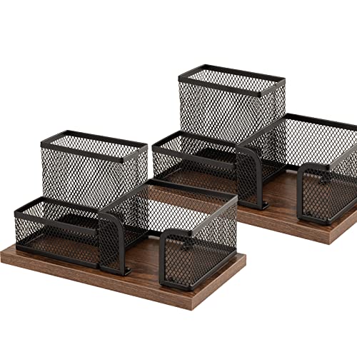 ASIFMTHOT Antique Wood & Mesh Pen Holder Office Supplies Caddy, Storage Baskets for Desktop Accessorieswith Sticky Notes Holder,3 Compartments(2 Pack Black)
