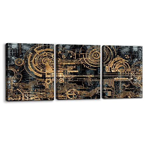 Pacimo 3 Pieces Abstract Canvas Wall Decor Electronic PC Motherboard Circuit Collage Abstract Technology Digital Art Modern Artwork Alternative Urban Shapes Framed Wall Art - 12"x16"x3 Panels