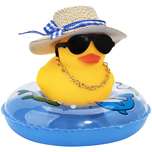 wonuu Car Rubber Duck, Yellow Duck Decoration Dashboard with Sun Hat Swim Ring Necklace Sunglasses for Car Dashboard Decorations
