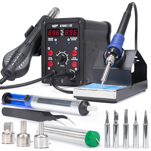 WEP 8786D-I SE Hot Air Soldering Iron Station Kit 2-IN-1 for Rework, Desoldering with Lead-Free Solder Wire, 5 Soldering Tips, 3 Hot Air Nozzles,Tweezers, Desoldering Pump