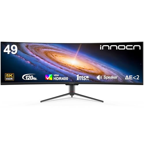INNOCN 49" Curved Monitor Ultrawide Gaming 5K2K 120Hz 32:9 QHD 5120 x 1440P Computer Monitor, R1800, 99% sRGB, HDR400, USB Type C, DisplayPort, HDMI, Built-in Speakers, Height/Tilt Adjustable - 49C1R