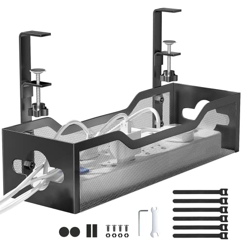 Under Desk Cable Management Tray No Drill, Metal Mesh Cable Management Under Desk with Clamp Mount, 2 Hole Cable Tray with Wire Management and Cord Organizer for Home Office Standing Desk
