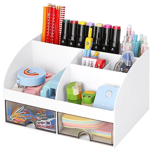 Office Desk Organizer with Drawers for Desktop/Tabletop/Counter, Desk Top Accessories Stationary Organizer Desk Caddy, Pen/Pencil/Business Card/Sticky Note Tray/Paperclip Holder Storage Box (White)