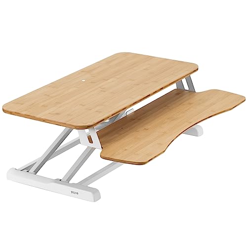 VIVO Manual Height Adjustable Standing Desk Converter, 32" Real Bamboo Top | Desktop Holds 33 lbs, Height Adjustable, Stand Up Desk Riser, Wide Keyboard Tray, White Frame, DESK-V000KO