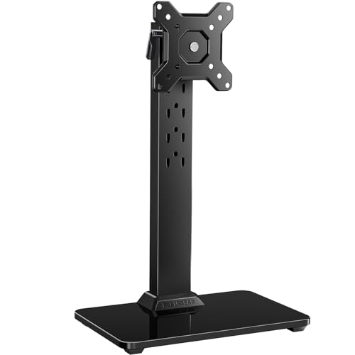 Perlegear Monitor Stand, Freestanding Monitor Mount for 13-34 inch Screens with 360 Degree Rotation, 5 Height Settings, Adjustable Desk Riser with Swivel and Tilt, Max VESA 100x100mm, PGTVS29
