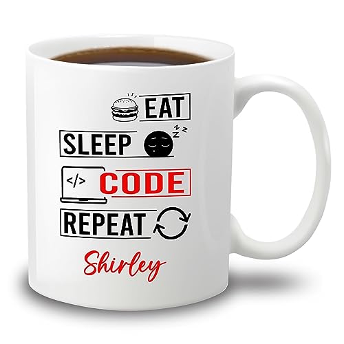 Eat Sleep Code Repeat Coffee Mug 11 Oz 15 Oz, Personalized White Ceramic Coffee Cup, Computer Programming Engineering Mug Gifts For Programmer IT Support, Customized Name Software Engineer Travel Mug