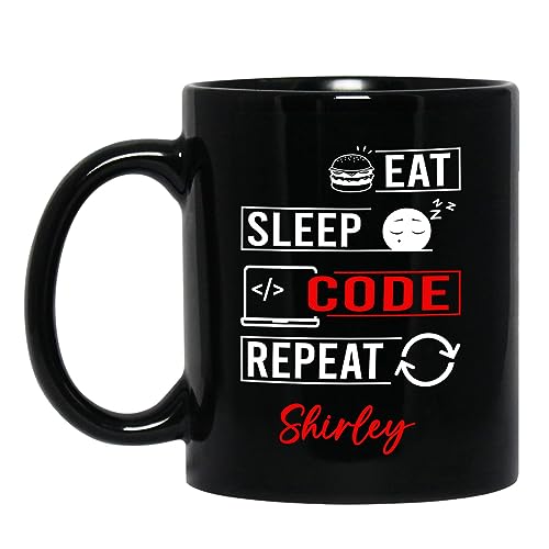 Personalized Eat Sleep Code Repeat Black Ceramic Mug Gift For Computer Programmer/Programming Student/Coder, Custom Eat Sleep Code Repeat Coffee Mug With Programmer Name, Code Lover Tea Cup 11 15 Oz