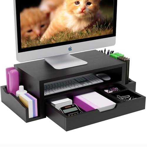 Simple Trending Monitor Stand Riser and Computer Wood Desk Organizer with Drawer and Pen Holder for Laptop, Computer, iMac, Black