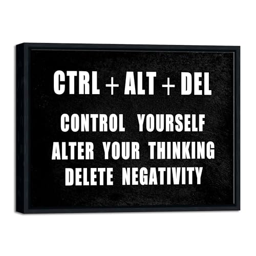 Pyradecor Black Framed Canvas Wall Art Motivational CTRL+ALT+DEL Classroom Positive Quotes Inspirational Poster Canvas Prints for Office Home Decorations