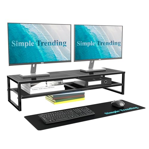 Simple Trending 2 Tier Metal Dual Monitor Stand Riser,Computer Office Desktop Organizer for 2 Monitors With 32"x10" Mouse Pad ,for Laptop,Printer,TV,Black