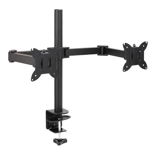 Amazon Basics Adjustable Dual Monitor Desk Mount, Supports up to 32 inch Monitors and 22 lbs per Arm, Adjustable Tension, VESA 75x75/100x100, Black