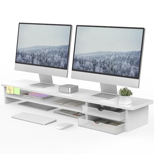 Fenge Monitor Stand, Dual Monitor Riser, 42.5inch Large Desk Computer Monitor Stand Riser with Drawer, 2 Tier Wood & Acrylic Desktop Organizer for Computer, Laptop, Printer, TV Screen Riser