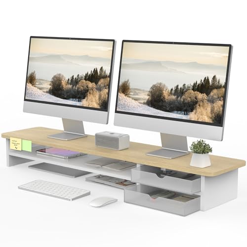 Fenge Monitor Stand, Desk Computer Riser with Frosted Storage Drawer, Oak | 42.5 Inch Dual Monitor Riser, 2 Tiers, Cable Management, Desk Shelf for 2 Monitors, Ultrawide Screen, Laptop, TV, Home Office