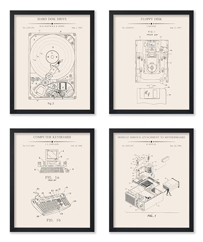 Poster Master 4-Piece Computer Blueprint Poster - Hard Disk Drive Patent Print - Floppy Disk Art - Electronics Artwork - Black & White Artwork - Great Office Wall Decor - 8x10 UNFRAMED