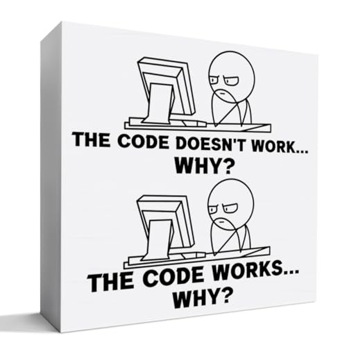 Funny Programmer Gifts for Men, It Tech Computer Science Engineering Gifts Software Engineer Christmas Birthday Coding Gift Office Cubicle Desk Decor, The Code Doesn't Work Why, Wooden Box Sign
