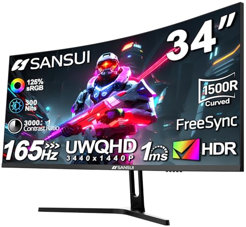 SANSUI 34-Inch Curved Gaming Monitor UWQHD 3440 x 1440 Up to 165Hz Curved 1500R - PIP/PBP, 1ms(MPRT), HDR, 300nits, sRGB 125%, DCI-P3 95%,FreeSync,HDMIx2,DP1.4 x2 (DP Cable Included)