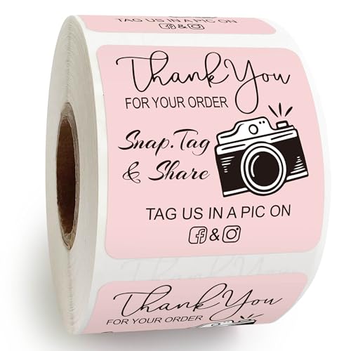 Thank You for Your Order Stickers Roll, Retro Camera Design Customer Review Stickers, Pink Square Stickers, Handmade Boutique Snap Tag Share Packaging Stickers Cute - 500pcs