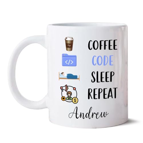 Coffee Code Sleep Repeat Mug, Personalized Unique Software Developer Pottery Cup With Name, Tea Cup Gift For Future Software Developers, Funny Ceramic Mug, Custom Engineer Cup, White Cup 11oz 15oz