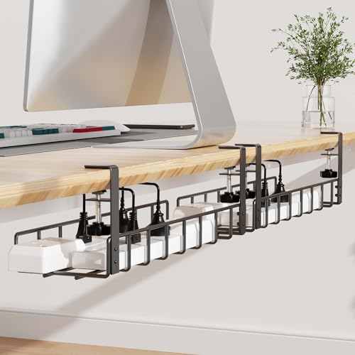 Xpatee 2 Pack Cable Management Under Desk Tray, 31.4" No Drill Under Desk Wire Management with Upgraded Clamp, Metal Cord Organizers for Desk with Cable Organizers, PC Cable Management Rack, Black