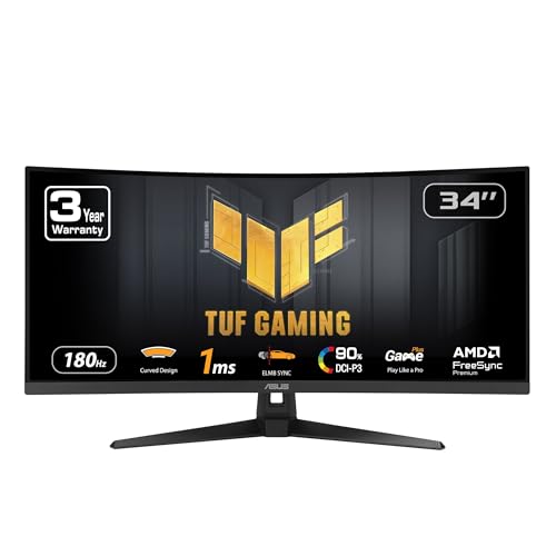 ASUS TUF Gaming 34” Ultra-Wide Curved Monitor (VG34VQ3B) – 21:9 QHD (3440x1440), 180Hz, 1ms, Extreme Low Motion Blur Sync, FreeSync Premium, Speaker, 90% DCI-P3, DisplayWidget Center, 3 yr Warranty