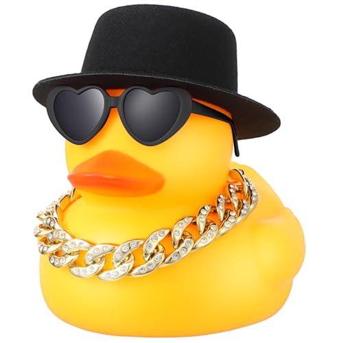 Honoson 6.89 Inches Large Rubber Duck Funny Giant Rubber Duck with Hat and Sunglasses Big Squeaky Duckling Car Ornaments Duckling for Dashboard Decorations Bath Toy(Yellow)