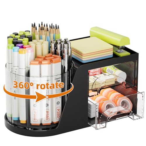 Marbrasse Desk Organizer with 2 Drawer, 360°Rotating Pen Holder, Desk Organizers and Accessories with 6 Slots Pencil Holder + 2 Drawer, Art Supply Storage Box Caddy for Office (Black)
