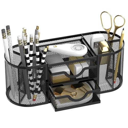 SUPEASY Mesh Desk Organizer, Pen Holder for Desk with 2 Drawers, Black