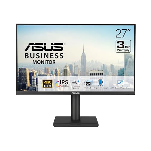 ASUS 27” 4K Business Monitor (VA27UCPS) - UHD (3840 x 2160), IPS, 99% sRGB, HDR-10, USB-C PD65W, USB Hub, Speakers, Eye Care, Ergonomic, VESA Wall Mountable, Green Sustainability, 3 yr Warranty