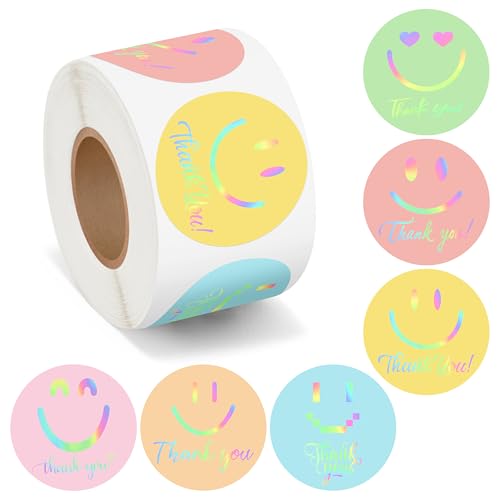 Kirako 500Pcs Smile Thank You Stickers Roll Holographic Pastel Adhesive Labels for Small Business Packing Envelope Seals Handmade Crafts Gift Wedding Baby Shower Party Favors Greeting Cards, 1.5 Inch