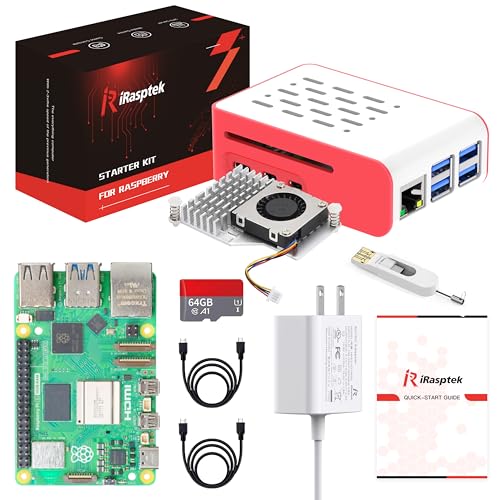 iRasptek Starter Kit for Raspberry Pi 5 RAM 8GB-Pre-Loaded 64GB Edition Pi OS (Red&White Case)