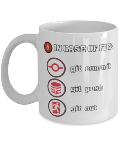 Generic Coding Coffee Mug, In Case Of Fire Git Commit Git Push Git Out, Computer Humor Gift, White Ceramic Cup, 11oz