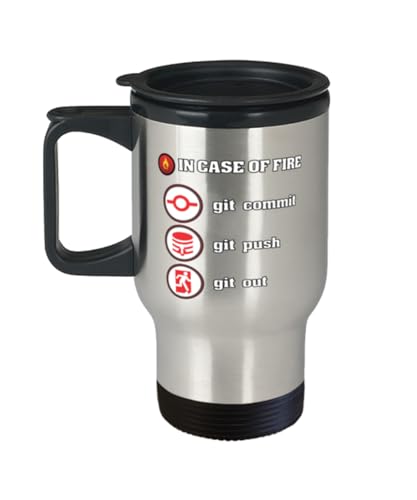 Generic Coding Travel Mug, In Case Of Fire Git Commit Git Push Git Out, Computer Humor Gift, Birthday 14oz Portable Cup, White