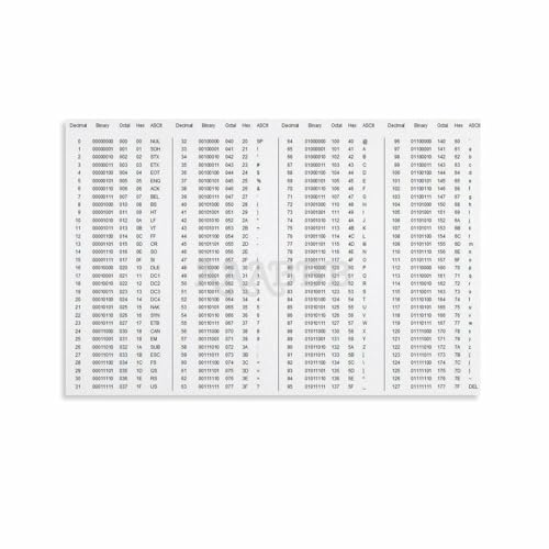 MJFHERQ Decimal,Binary,Octal,Hex,ASCII Conversion Chart Poster Canvas Painting Posters And Prints Wall Art for Living Room Bedroom Decor 30x20inch(75x50cm)