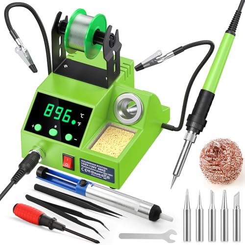 Soldering Station, 100W Digital Display Soldering Iron Station Kit with 2 Helping Hands, 356°F - 896°F, Auto Sleep, °C/°F Conversion, Solder Wire, Tips, Stand, Pump, Tweezers, Tip Cleaner, Green
